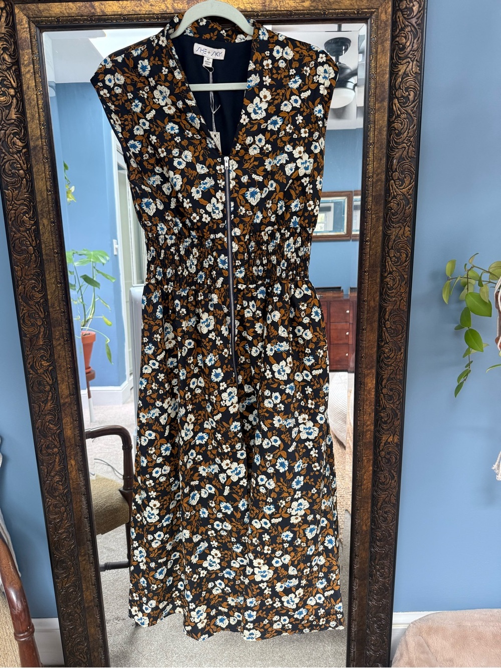 She and Sky Black Floral Midi Dress with Brown and Blue Accents